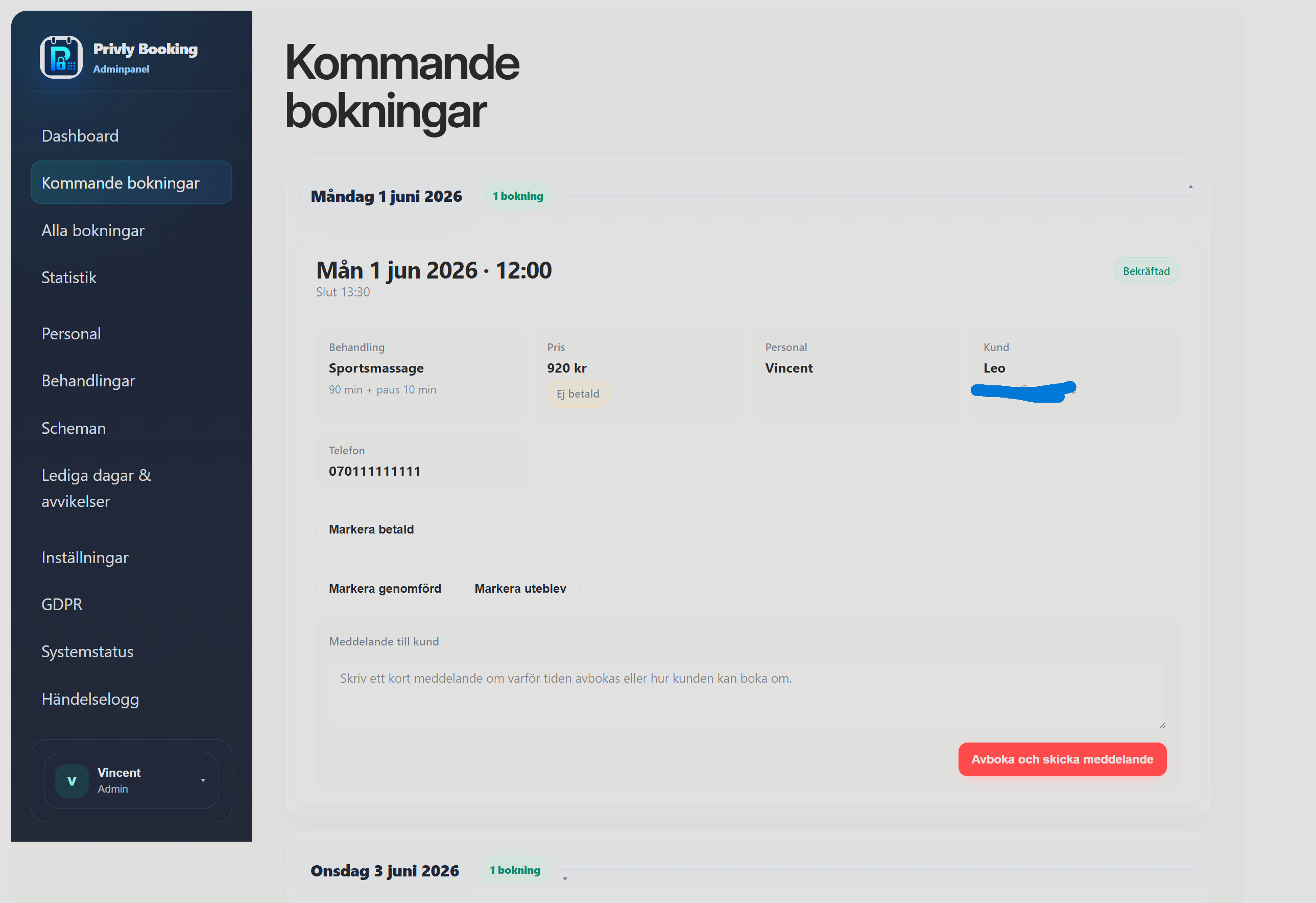 Privly Booking customer booking page